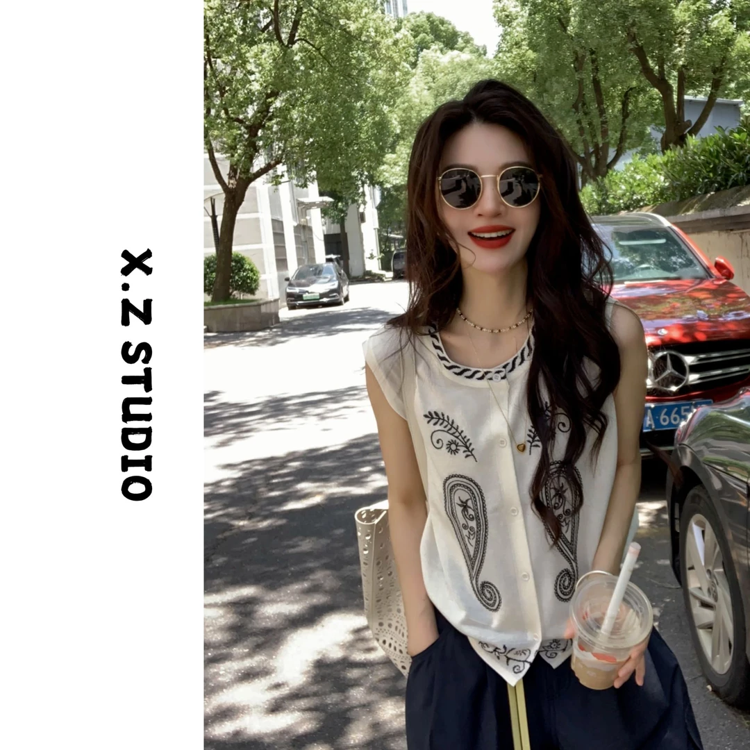 X.ZHEN【复古刺绣提花针织无袖上衣】休闲百搭针织上衣显瘦减龄款