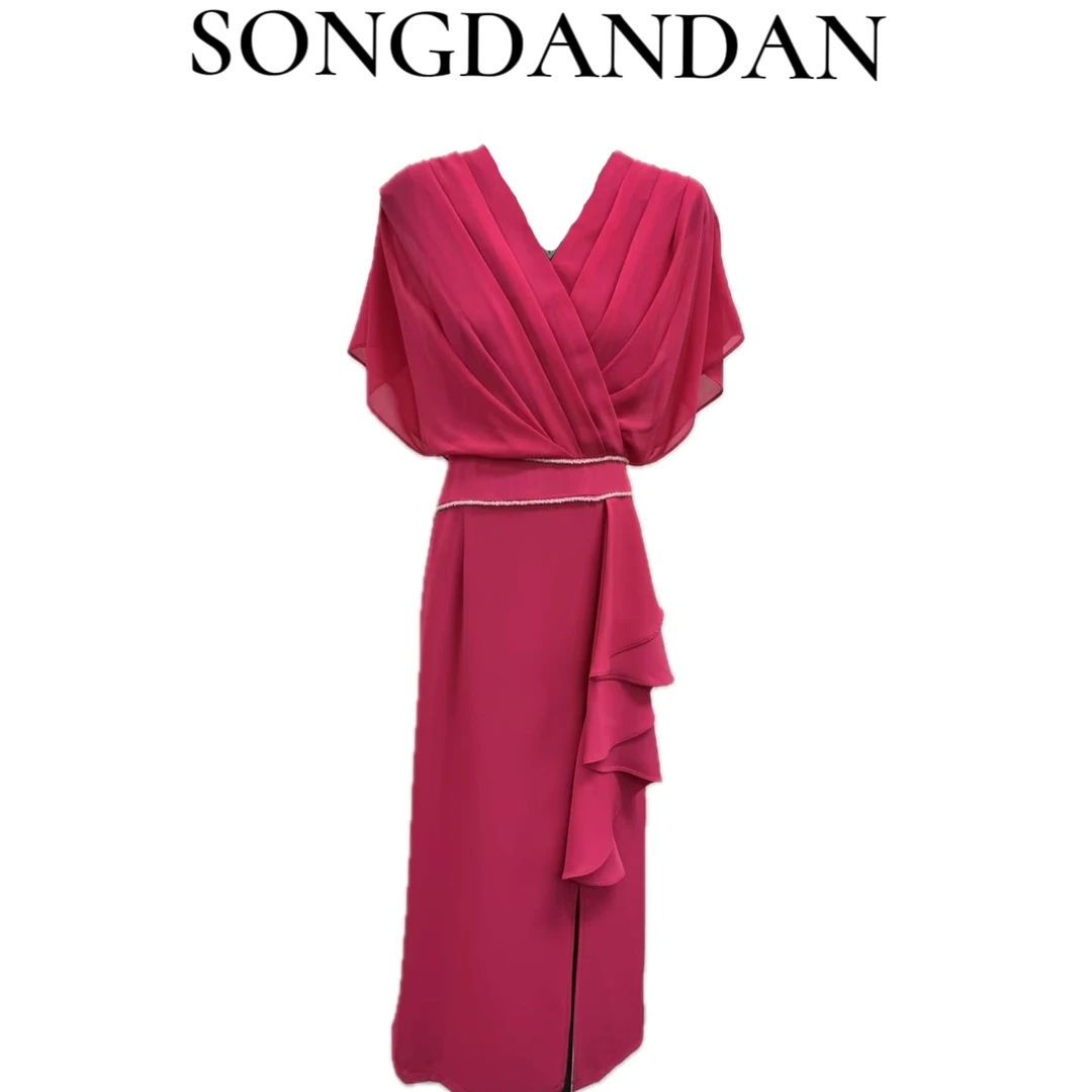 【DDS】气质轻奢时尚V领褶皱侧边荷叶高腰连衣裙