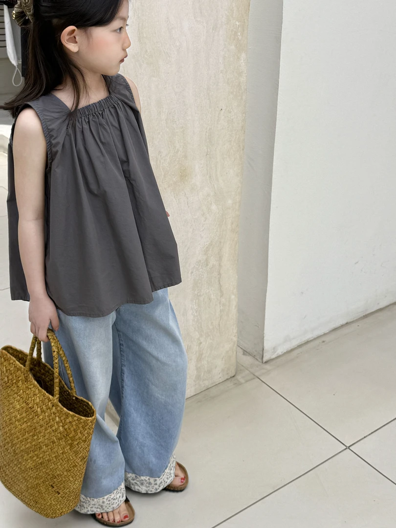 9001儿童全棉无袖小衫 女童韩系纯色方领棉布小衫