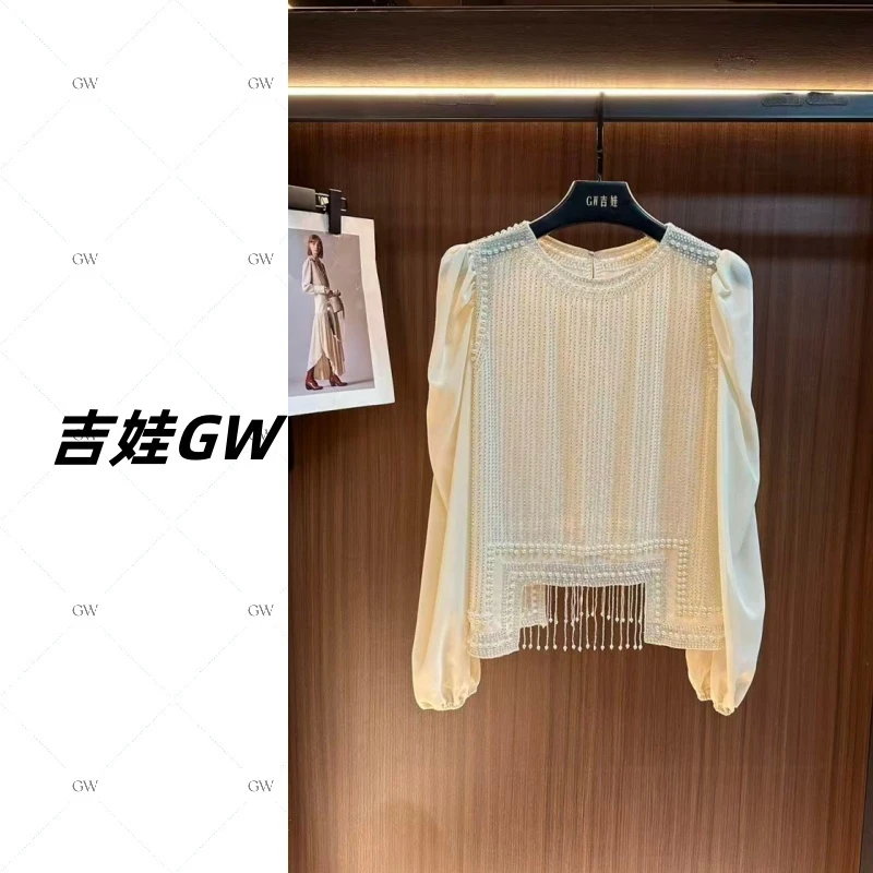GW新款气质法式重工精致宽松圆领设计感手工珍珠长袖上衣8278