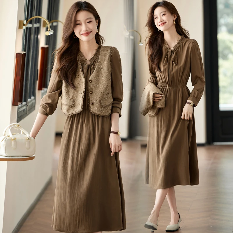 气质连衣裙2025春秋新款氛围感韩系小香风马甲显瘦长袖衬衫裙