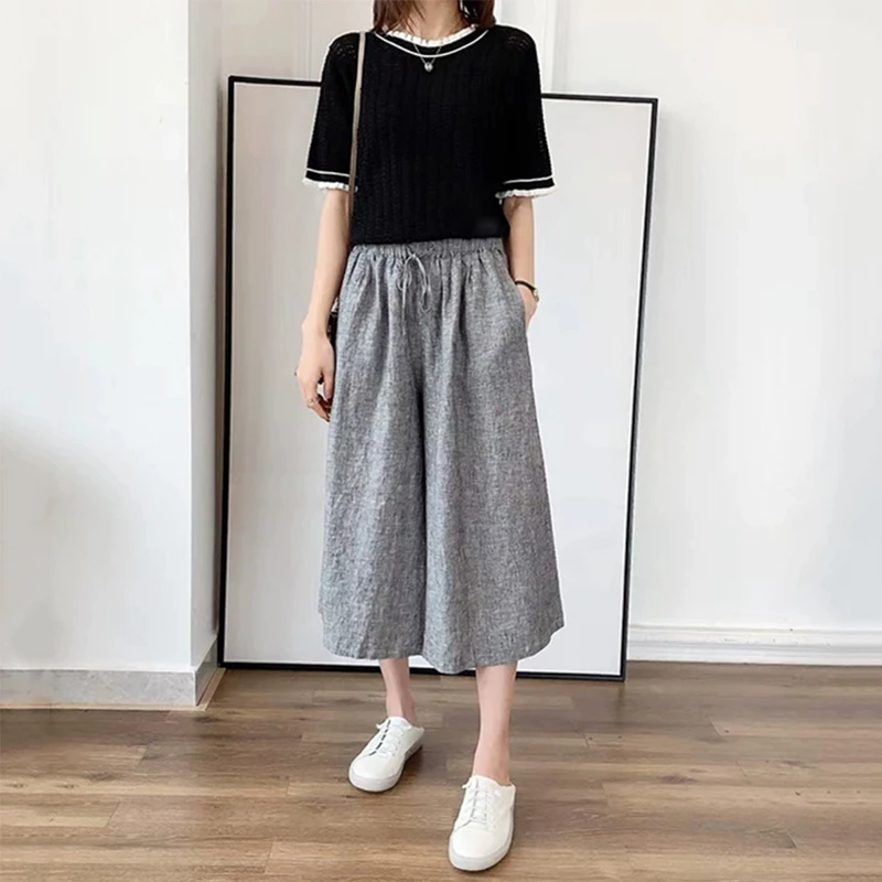 （色织亚麻七分裤）夏季新款文艺复古显瘦百搭松紧腰系带阔腿裤Z