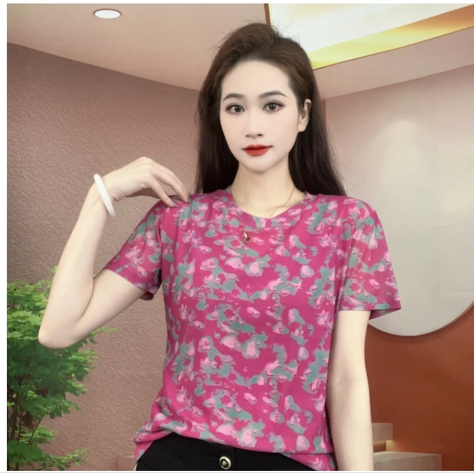 2025夏季新款短袖圆领肌肤纱时尚显瘦印花T恤上衣A282
