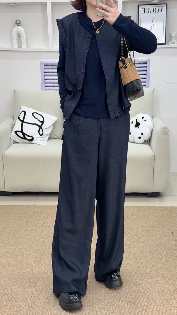 {莹莹推荐}6598秋季大码女装简约花边袖马甲+长袖+休闲裤三件套装