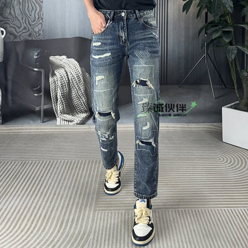 秋季新款修身小直筒九分牛仔裤水洗休闲破洞补丁痞帅潮流男装长裤