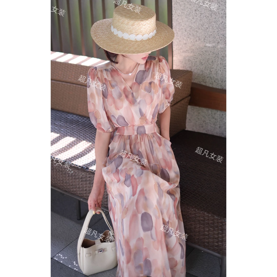 梦幻高档粉色泡泡连衣裙女夏2025新款中长裙气质显瘦