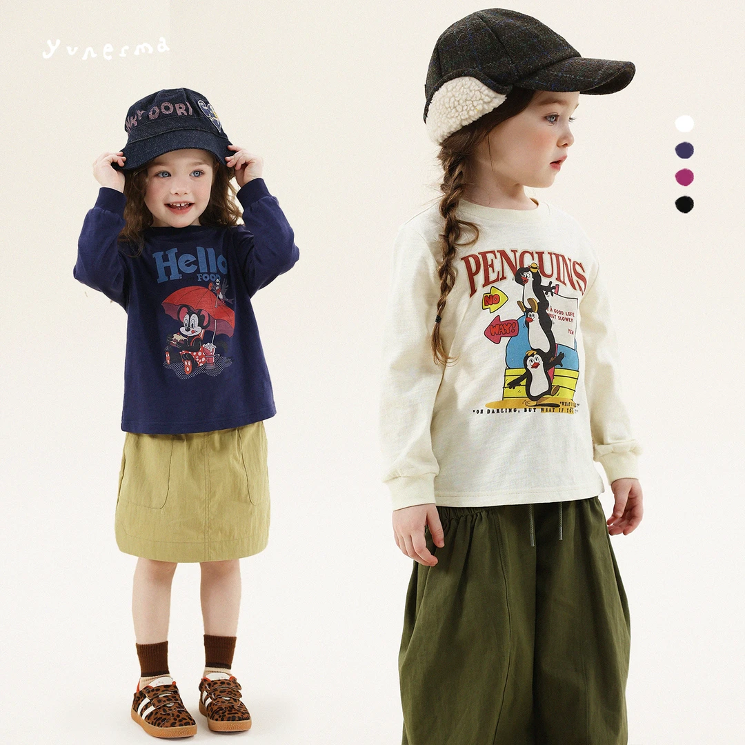 【原创插画师合作款】允儿妈女童秋季美式复古字母卡通长袖T恤潮