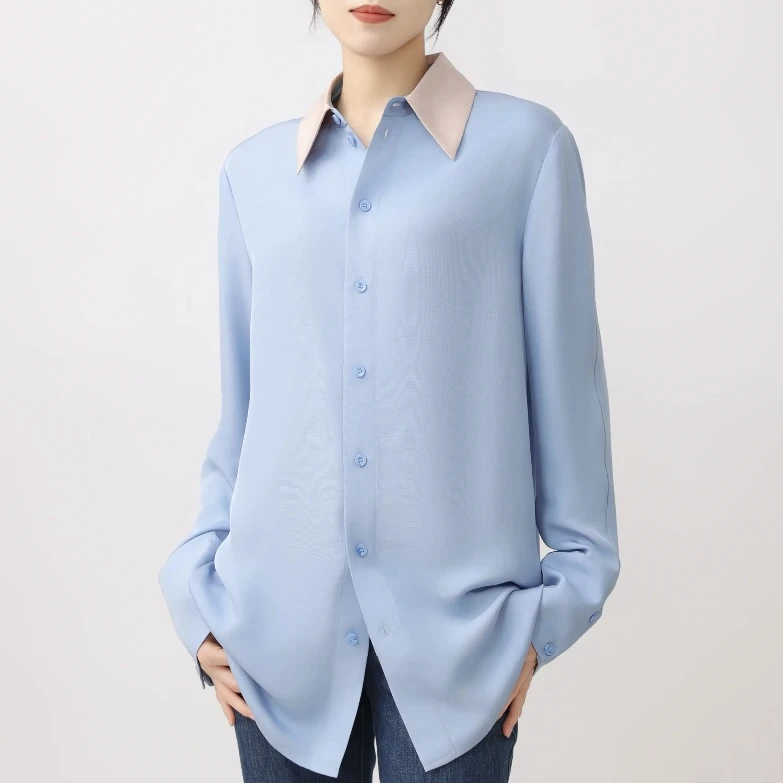 AMASS/阿玛施新款时尚精致简约黑白撞色拼接翻领长袖衬衫5301098