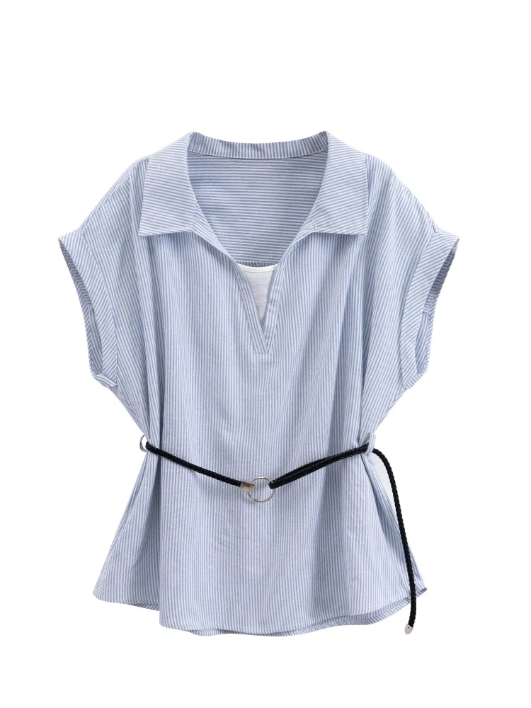 【Amy家】微胖mm假两件条纹短袖衬衫女夏季设计感拼接显瘦遮肉上衣