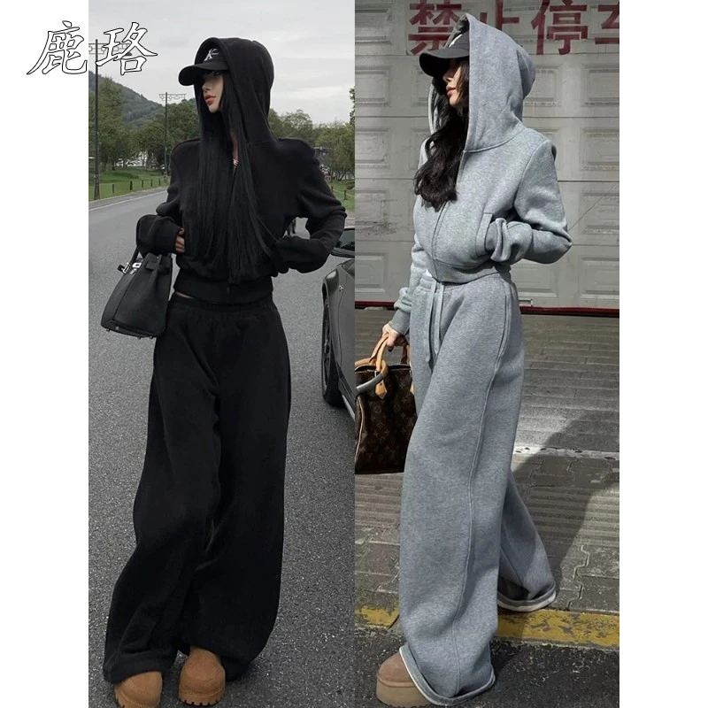 高级感休闲卫衣运动服套装女秋冬加绒时尚显瘦开衫外套长裤两件套