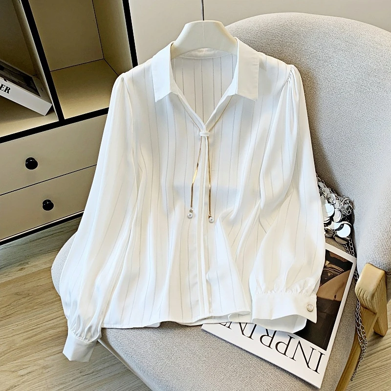 SM时尚新款高级白色条纹衬衫女韩版长袖气质洋气上衣百搭薄款衫