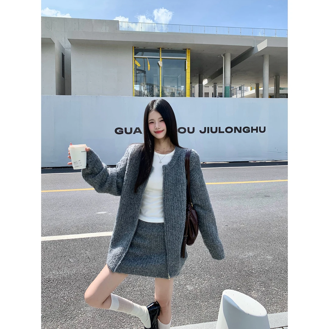 【七七清仓】韩系慵懒感针织衫2530-1+半身裙2530-2#