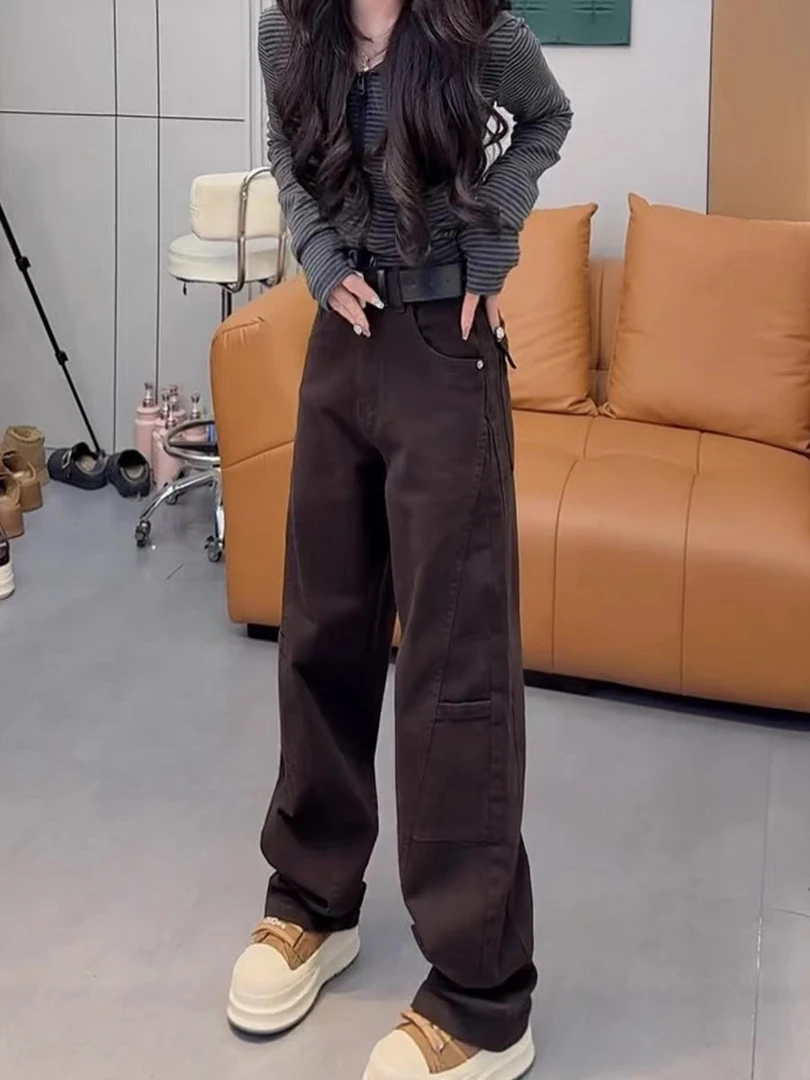 复古美式加绒牛仔裤女秋冬胖mm梨形身材高腰显瘦直筒阔腿大码裤子