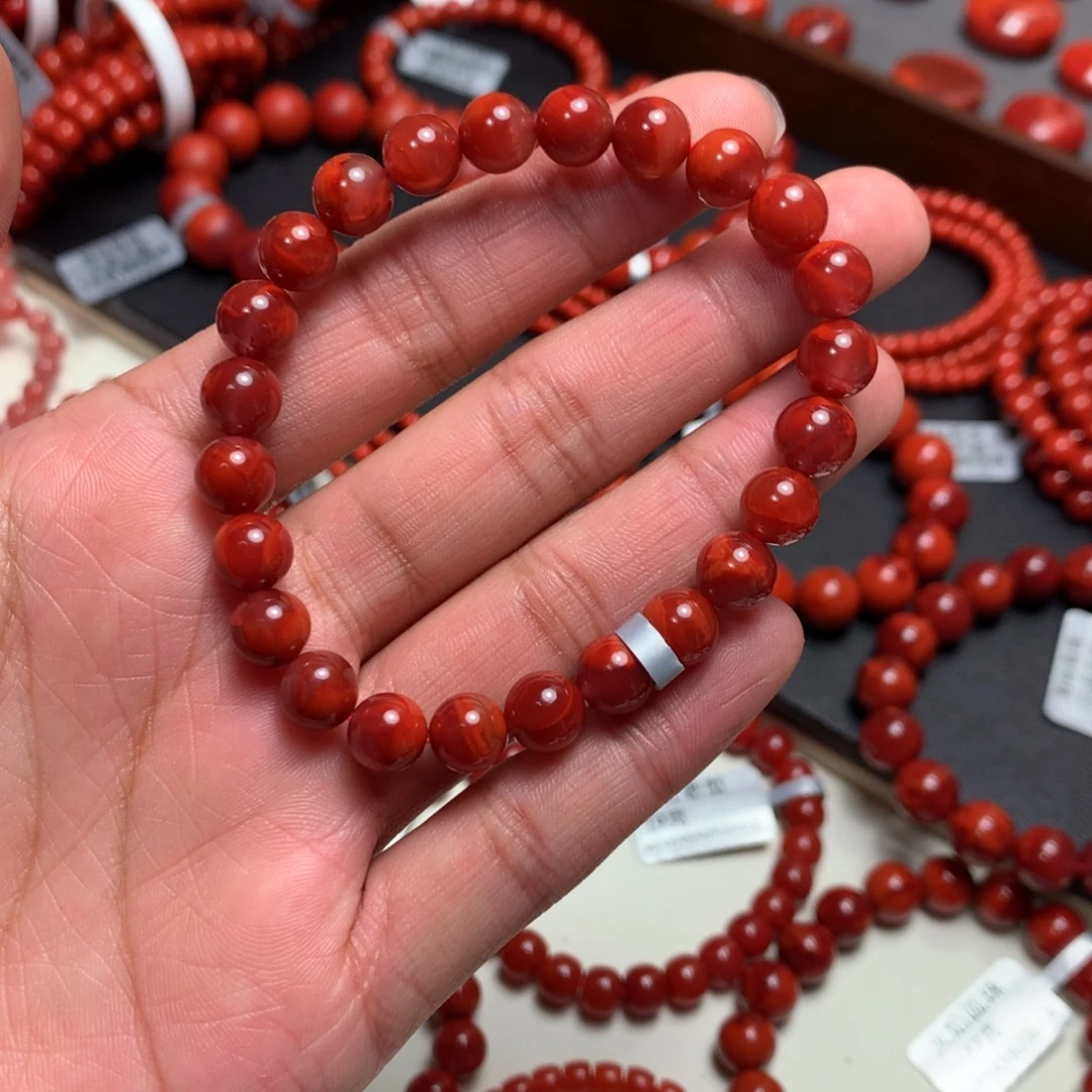 南红玛瑙未镶嵌手串7.5mm+玫红火焰圆珠手串
