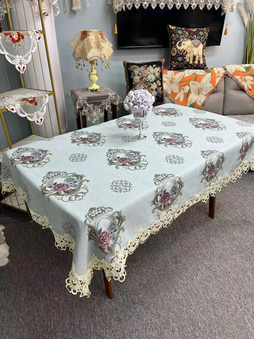 B-01【130*180】蓝色冰丝缎面提花餐桌布茶几布