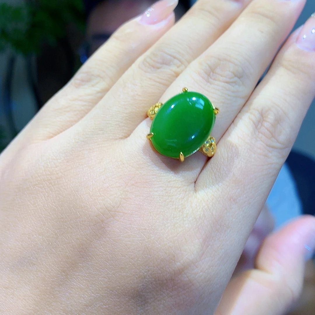 和田玉（碧玉）戒指银S925镀金镶嵌