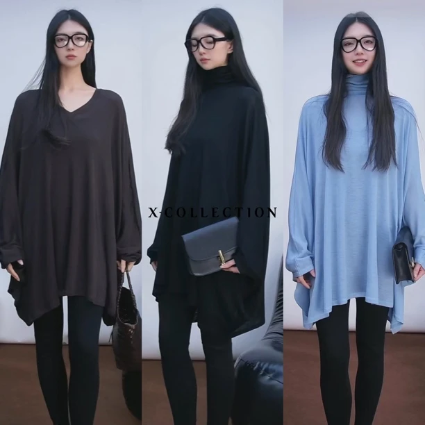 xcollection慵懒风蝙蝠长袖澳洲美利诺羊毛针织显瘦中长款上衣