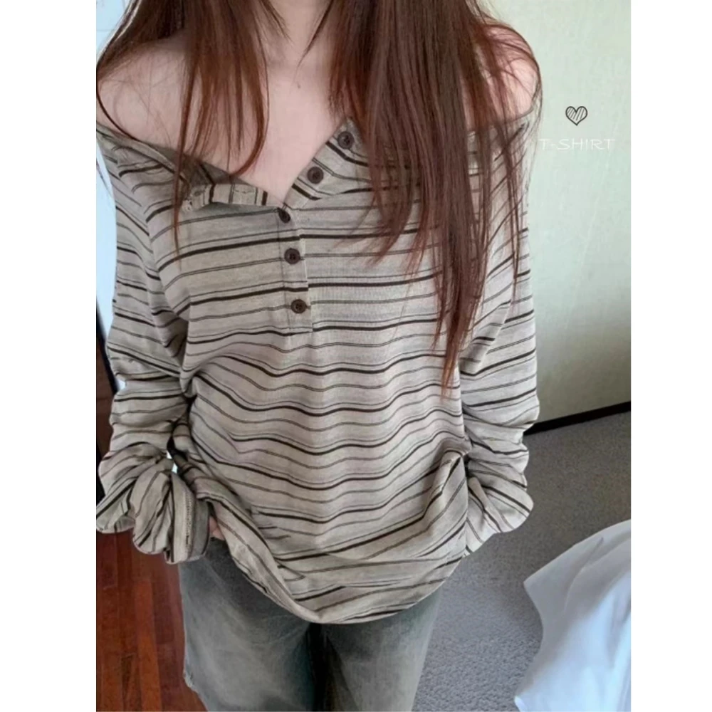 一字领条纹长袖T恤女2025秋季新款韩系男友风百搭宽松打底上衣潮