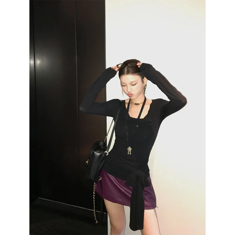 2025韩系设计感简约风修身显瘦上衣两件套气质高腰a字半身裙套装