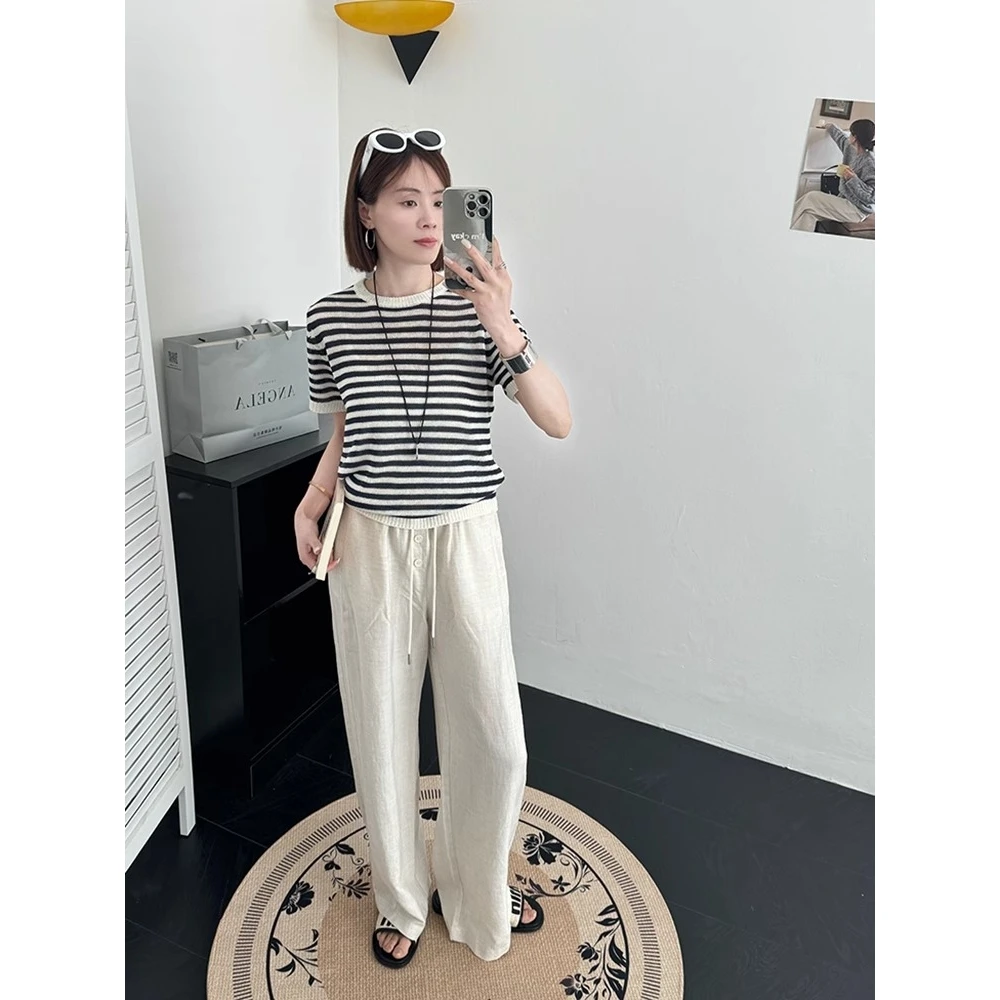 黑白条纹圆领短袖T恤2025夏季新款宽松显瘦上衣白色裤子二件套女
