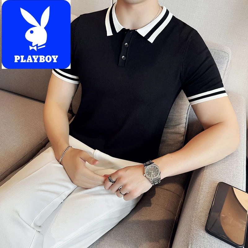 花花公子高端针织冰丝polo衫男短袖夏季薄款潮流时尚修身商务t恤