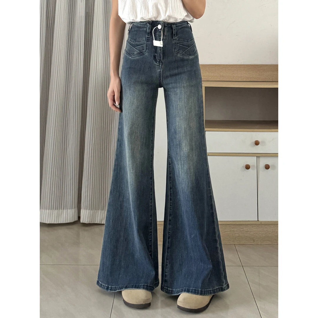 高个子设计感显瘦拖地牛仔裤女秋季新款遮胯复古水洗时尚直筒裤子