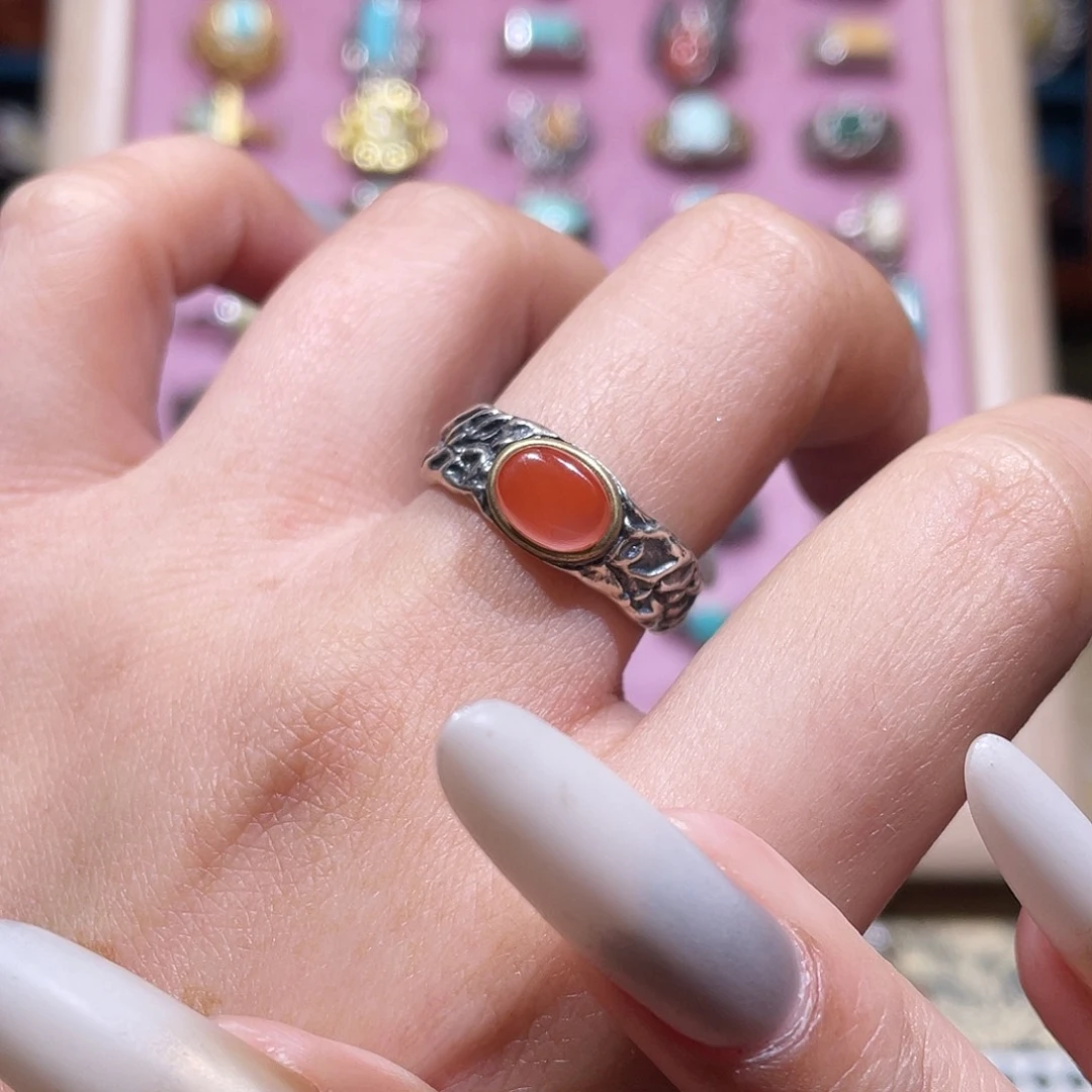 南红玛瑙银S925镶嵌戒指戒指