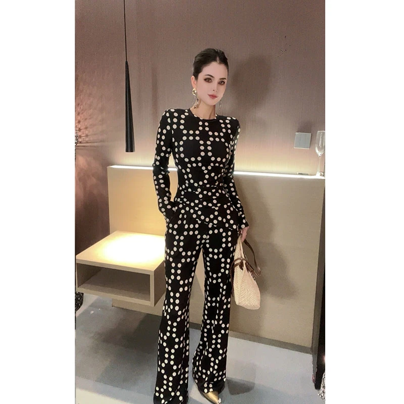 （特价）水晶麻波点半身裙阔腿裤套装TZ30411