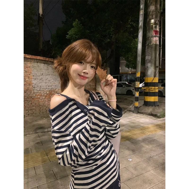 早秋甜辣妹条纹假两件小众修身长袖T恤设计感显瘦独特漂亮上衣