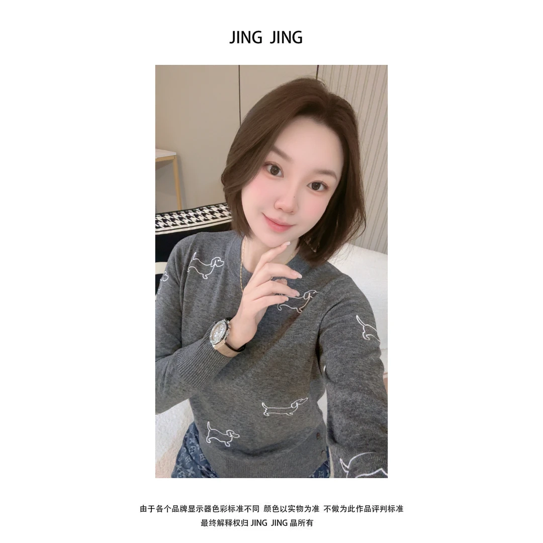 JING JING推荐【幸运小狗针织长袖圆领T恤】时尚早秋气质领针织衫