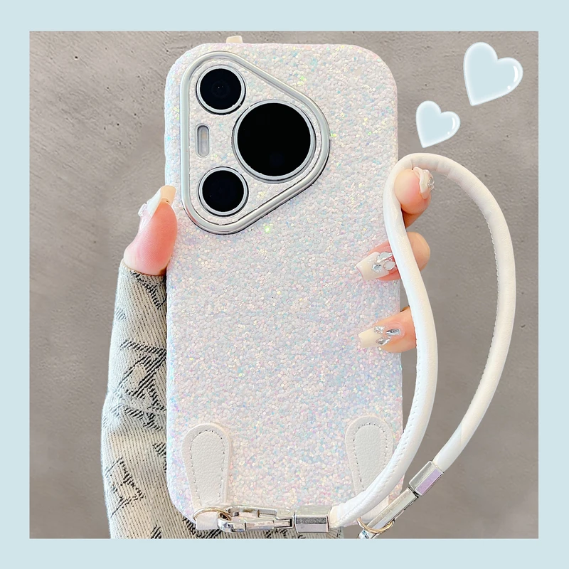 适用华为pura70pro+手机壳高级感亮片蓝色皮质pura80pro腕带挂绳