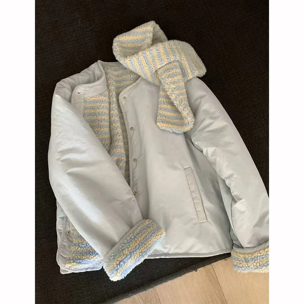 小个子甜妹蓝色加绒棉服女款冬季简约炸街新款棉袄独特超好看外套