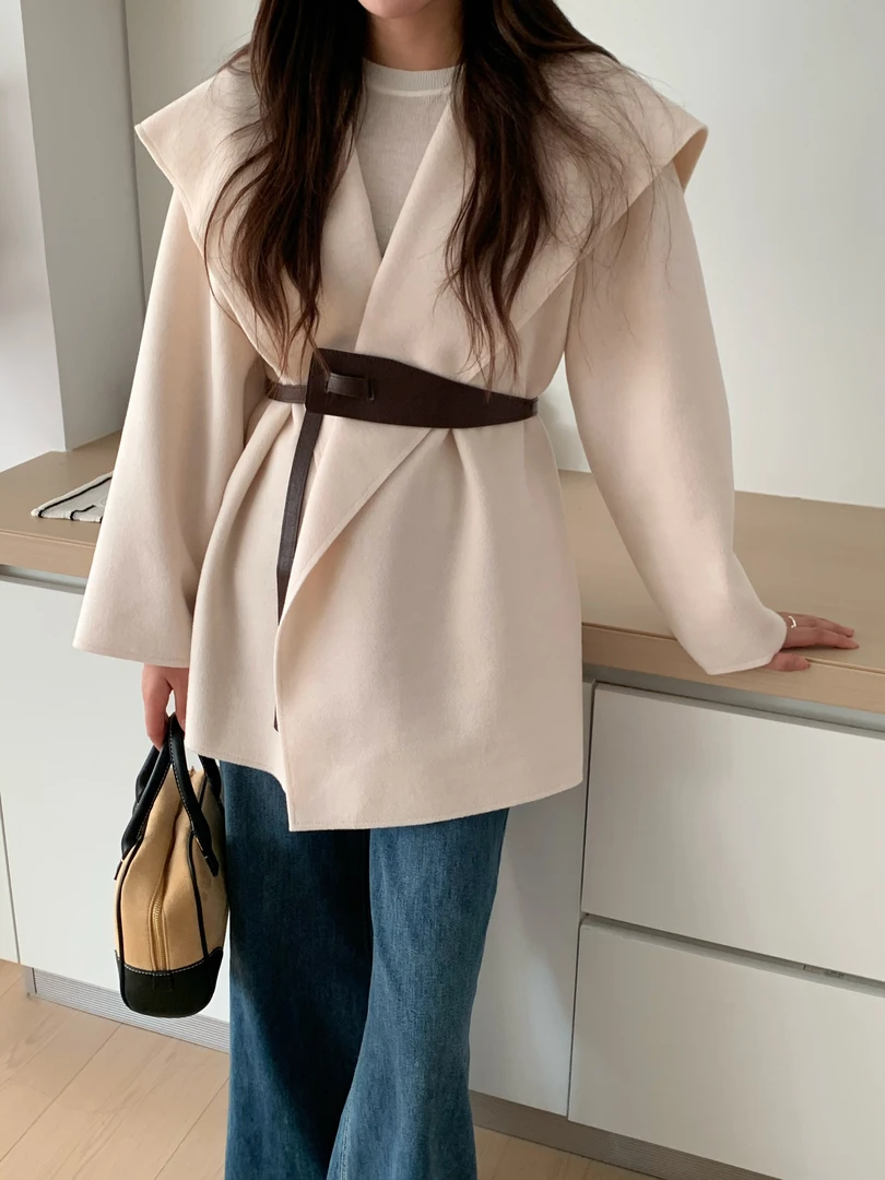 2025新款韩系翻领百搭显瘦气质中长款斗篷外套双面毛尼大衣