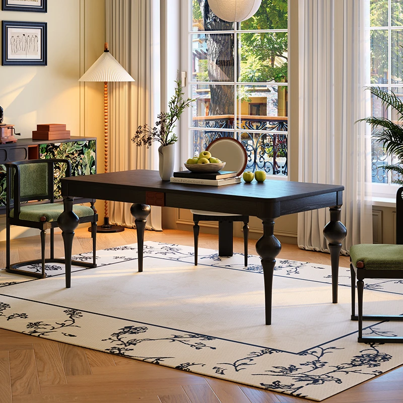 同言法式复古实木餐桌餐厅家用美式简约黑色白蜡木长方形饭桌