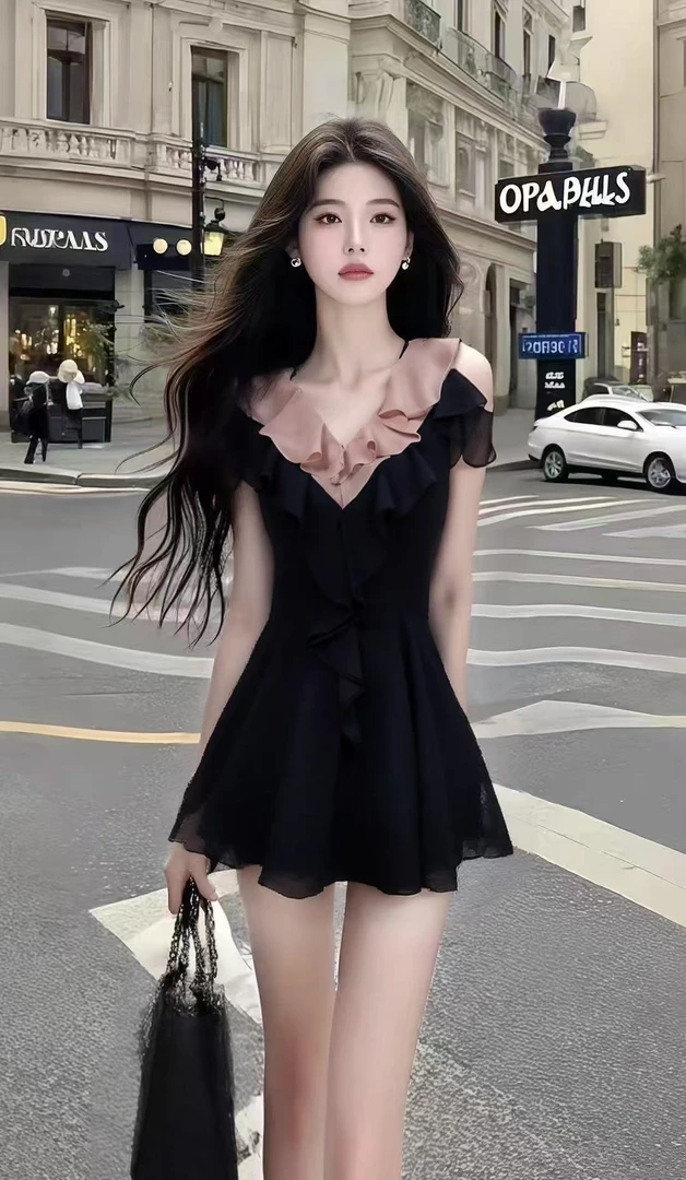夏季新款时尚黑色设计感V领短袖收腰连衣裙女显瘦气质氛围感短裙