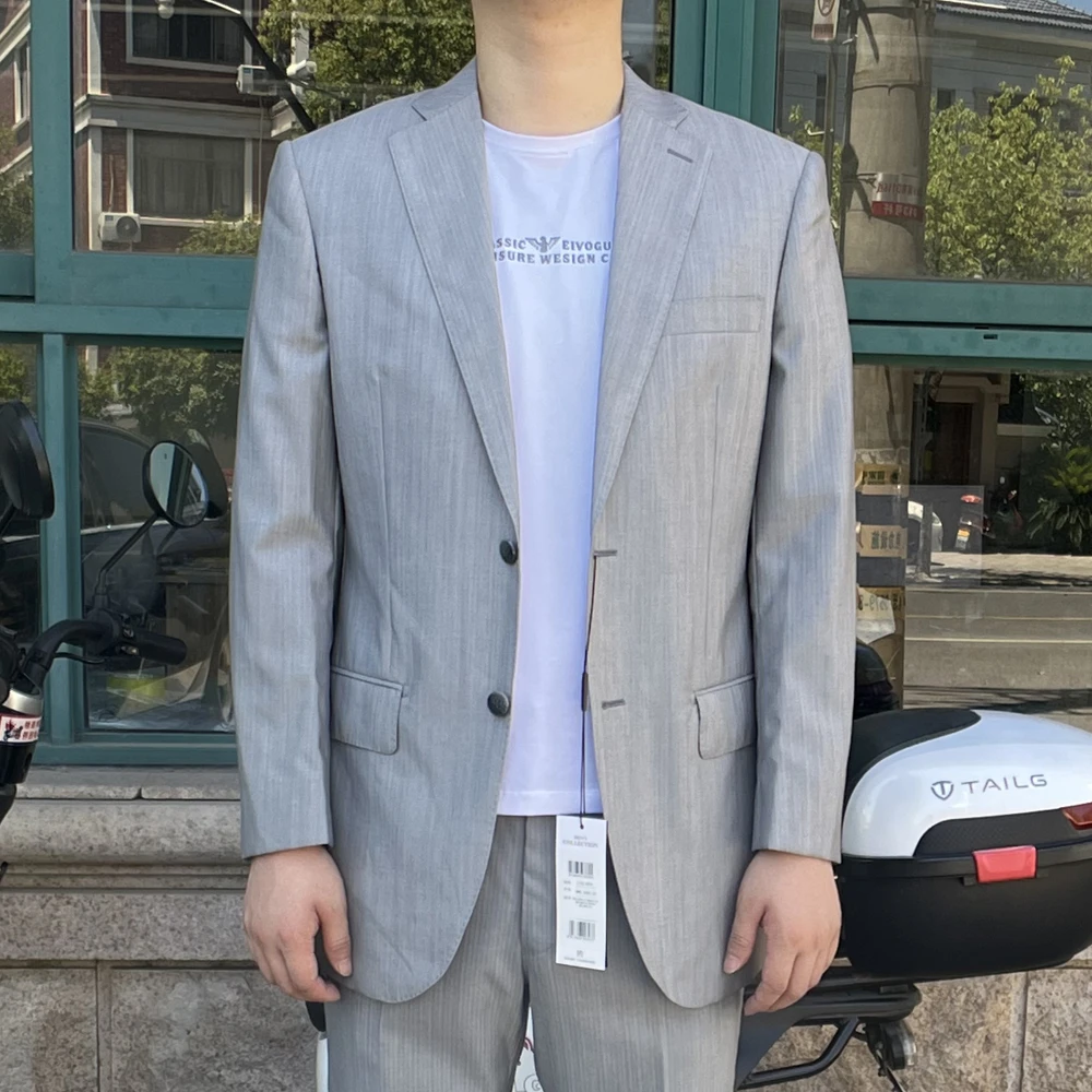 灰色羊毛64.5桑蚕丝35.5%2025年秋季套西羊毛西服条纹修身西装男