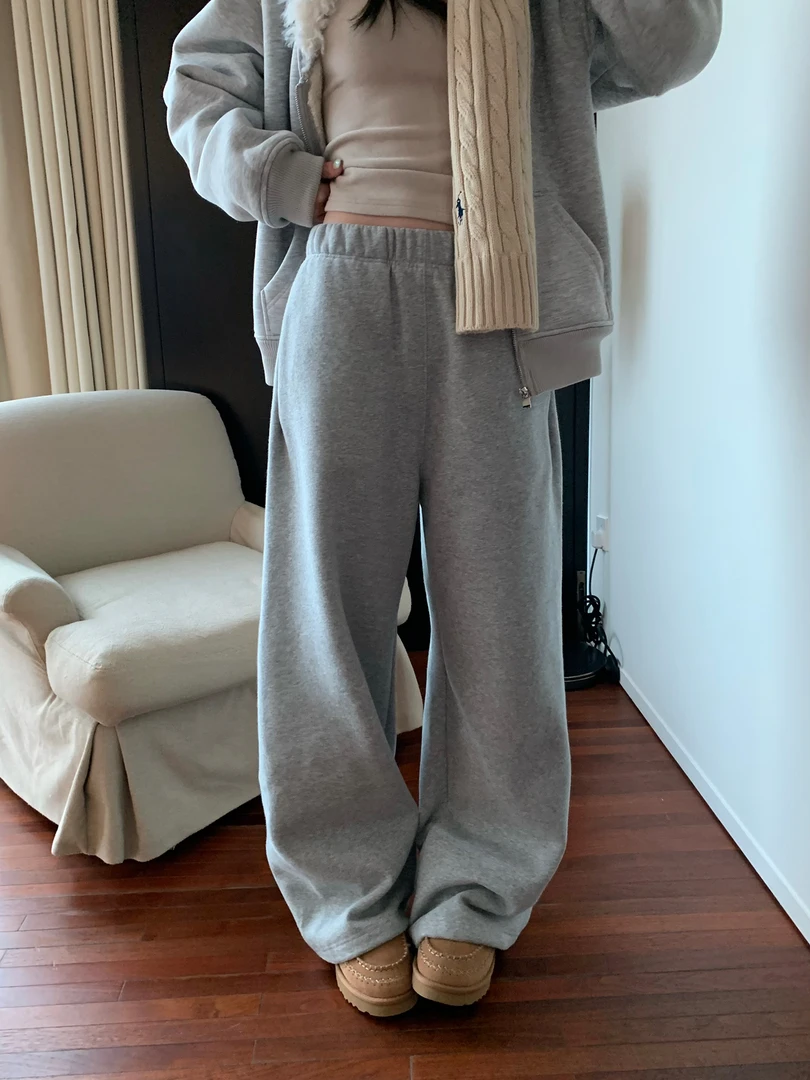 IceFront  高腰灰色欧美ins休闲运动气质抽绳加绒卫裤女秋冬百搭