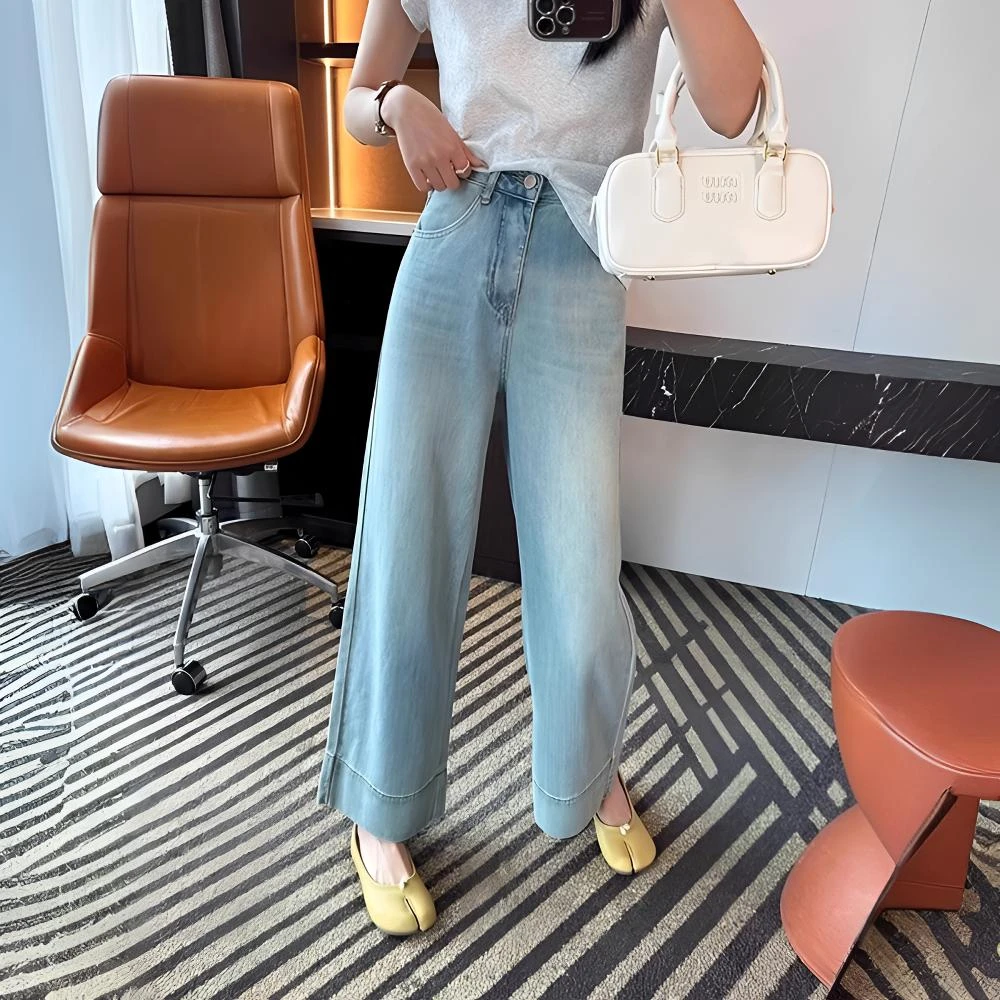 夏季天丝弹力牛仔裤子女胖mm大码显瘦梨型身材百搭高腰阔腿九分裤