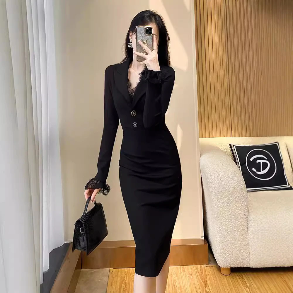 蕾丝黑色气质西装裙女新款秋装修身显瘦气质修身包臀连衣裙名媛