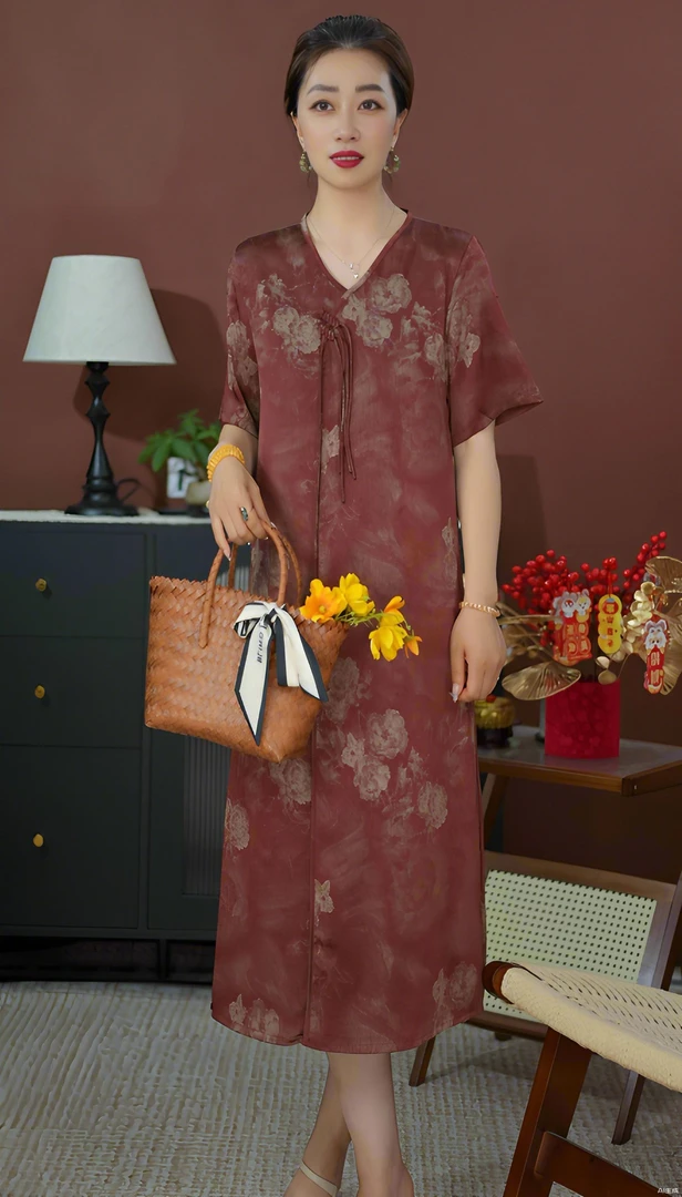 【高端定制】夏季新品复古洋气高贵显瘦中老年连衣裙