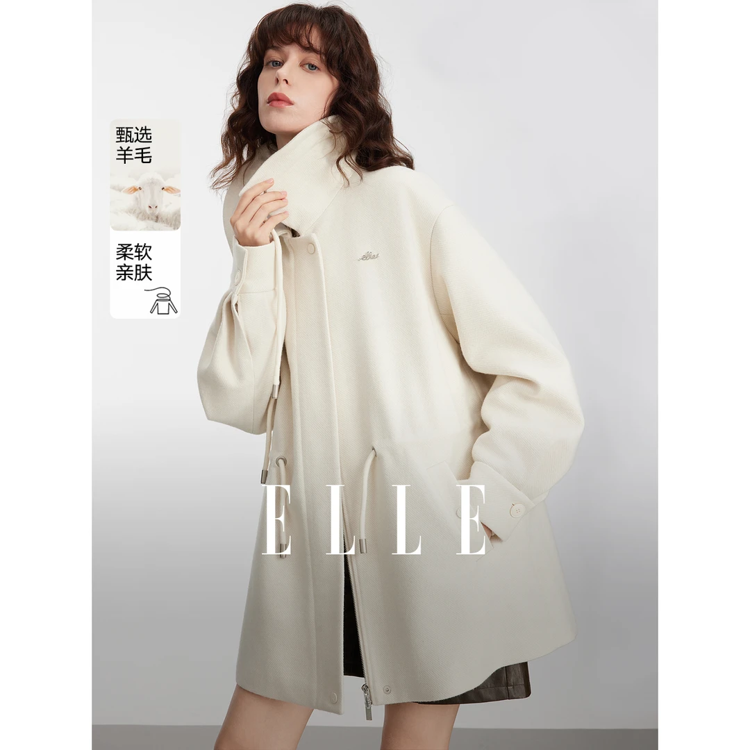 ELLE米白色绵羊毛混纺宽松休闲外套女2025春季新抽绳通勤EF50674