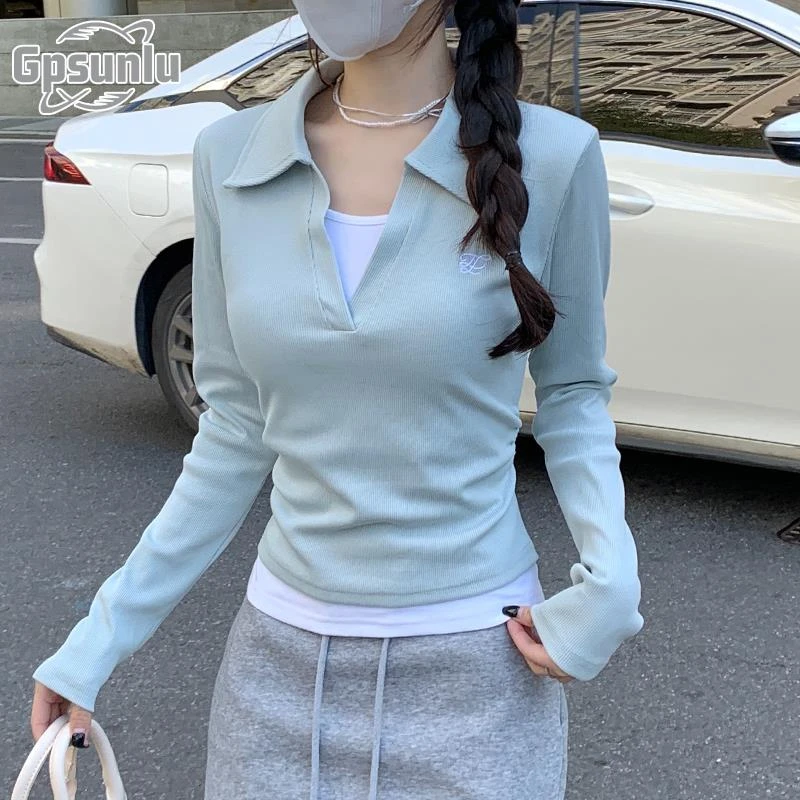 gpsunlu小个子韩系减龄假两件拼色百搭长袖女别致褶皱打底上衣