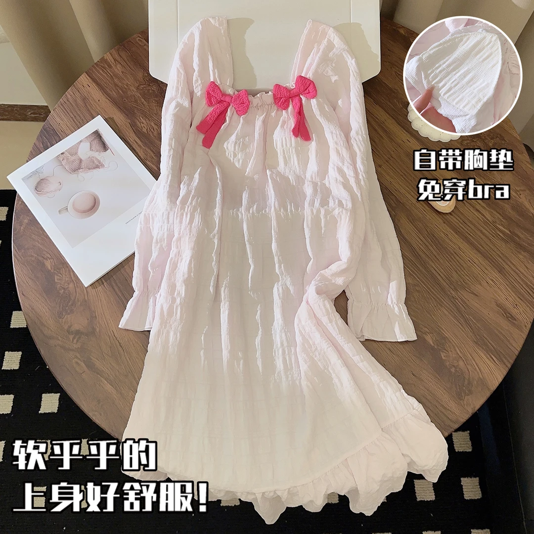蝴蝶结睡裙女春秋季长袖梭织棉甜美少女带胸垫中长款睡衣家居服冬