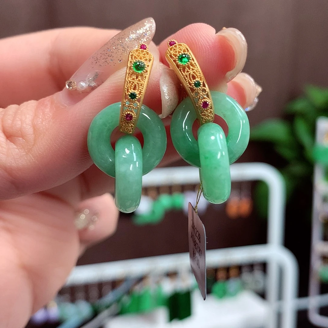 翡翠耳饰银S925镶嵌天然翡翠