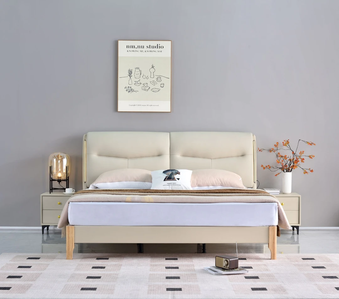 【老虎脚-橡木床板】头层真皮床双人床1.8米主卧床婚床软包轻奢皮床