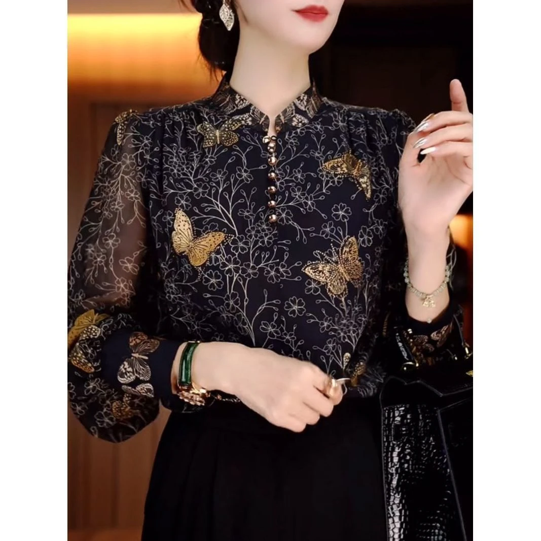 百搭时尚蝴蝶印花立领雪纺衬衫女2025春季新款拼接重工长袖上衣