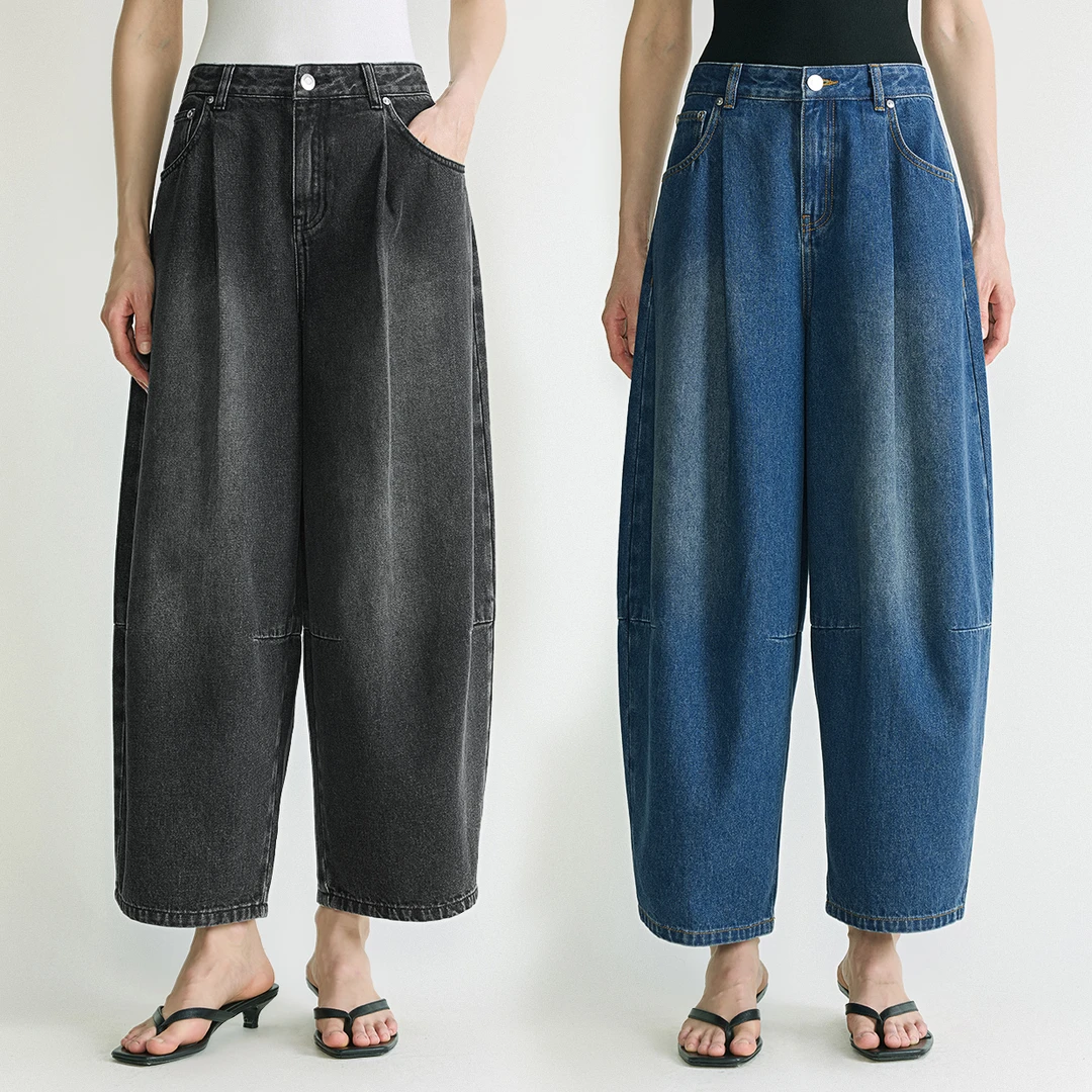 开间/时髦B入 欧洲进口苣佰搭十字分割线宽松茧型九分泡泡牛仔裤