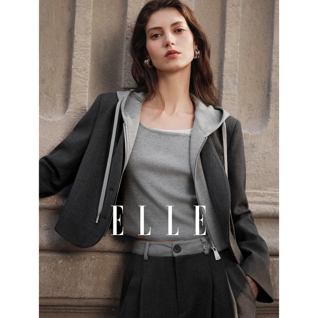 ELLE高级感连帽假两件西装外套女2025秋新款气质短款西服EX52619
