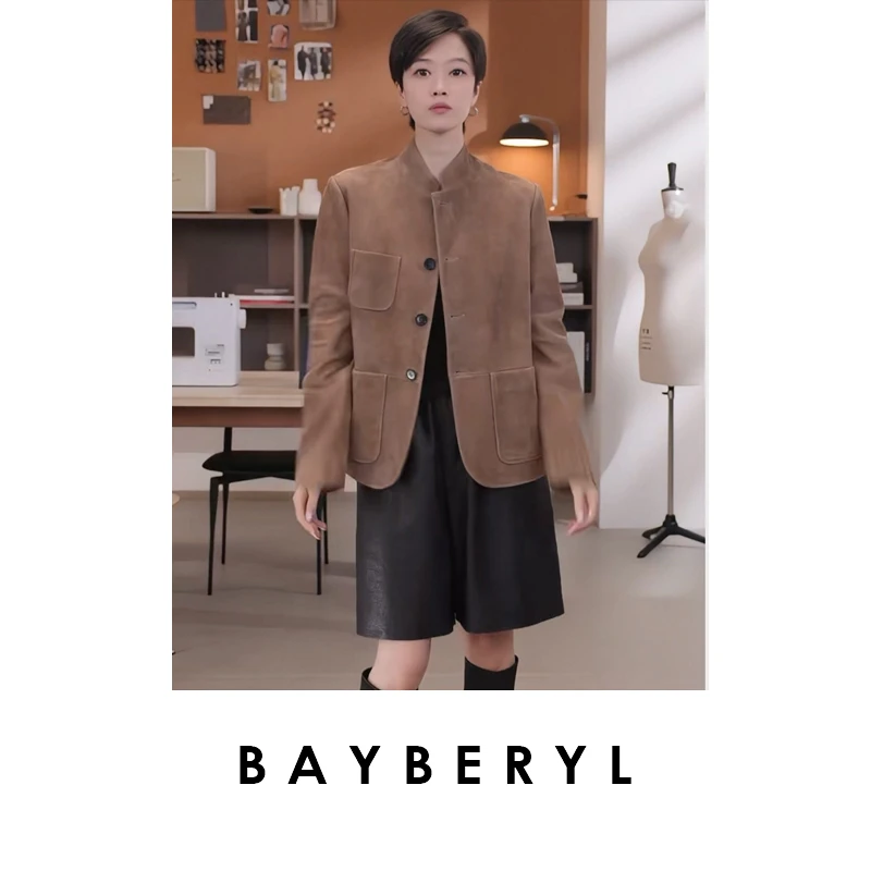 BAYBERYL老贝1P杏仁棕多口袋立领单排扣经典25秋皮衣MF5G1841-8/7