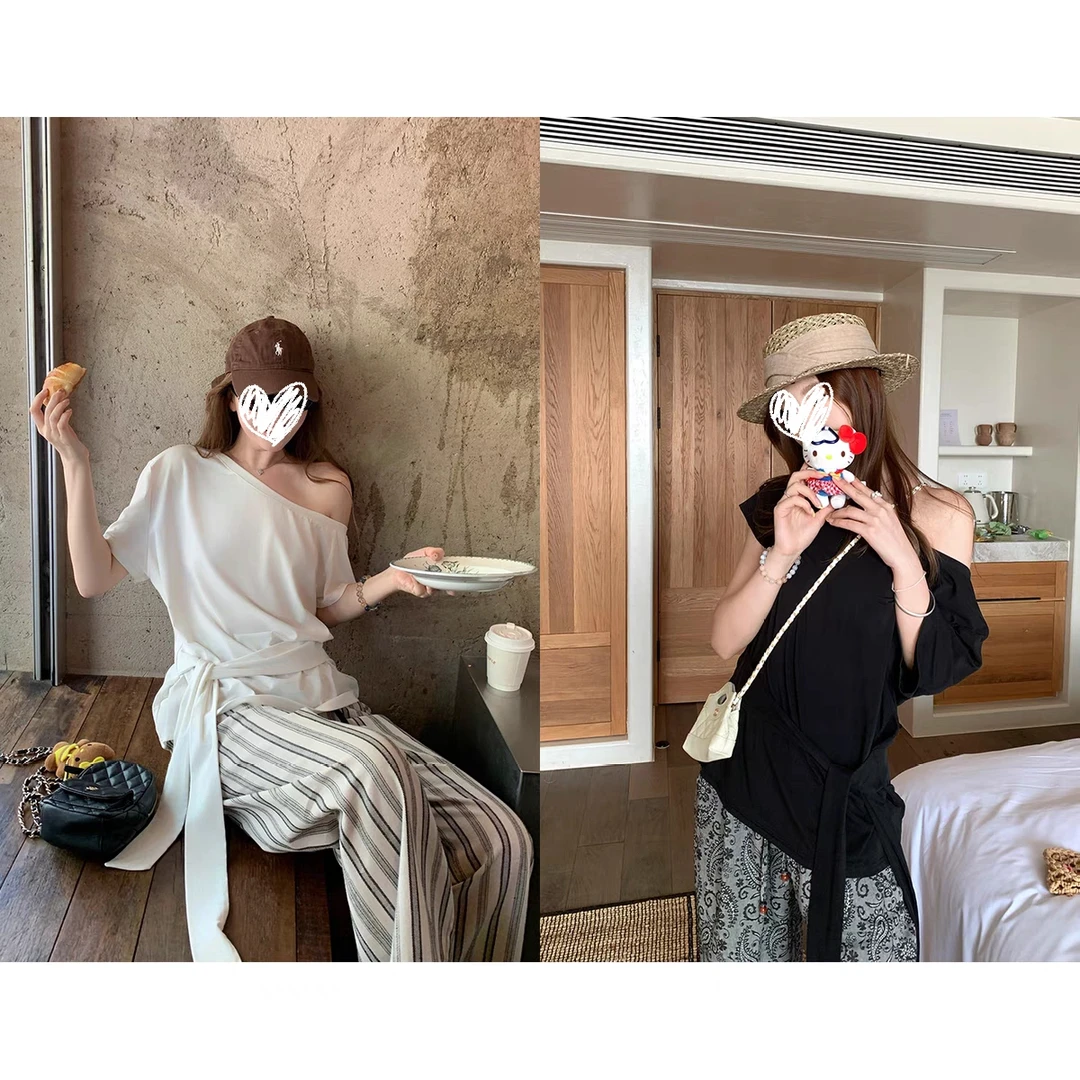 淡颜懒人 凉感慵懒斜肩绑带宽松短袖T